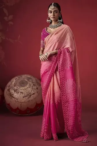 shaded baby pink dola silk blend with zari weaving party wear saree