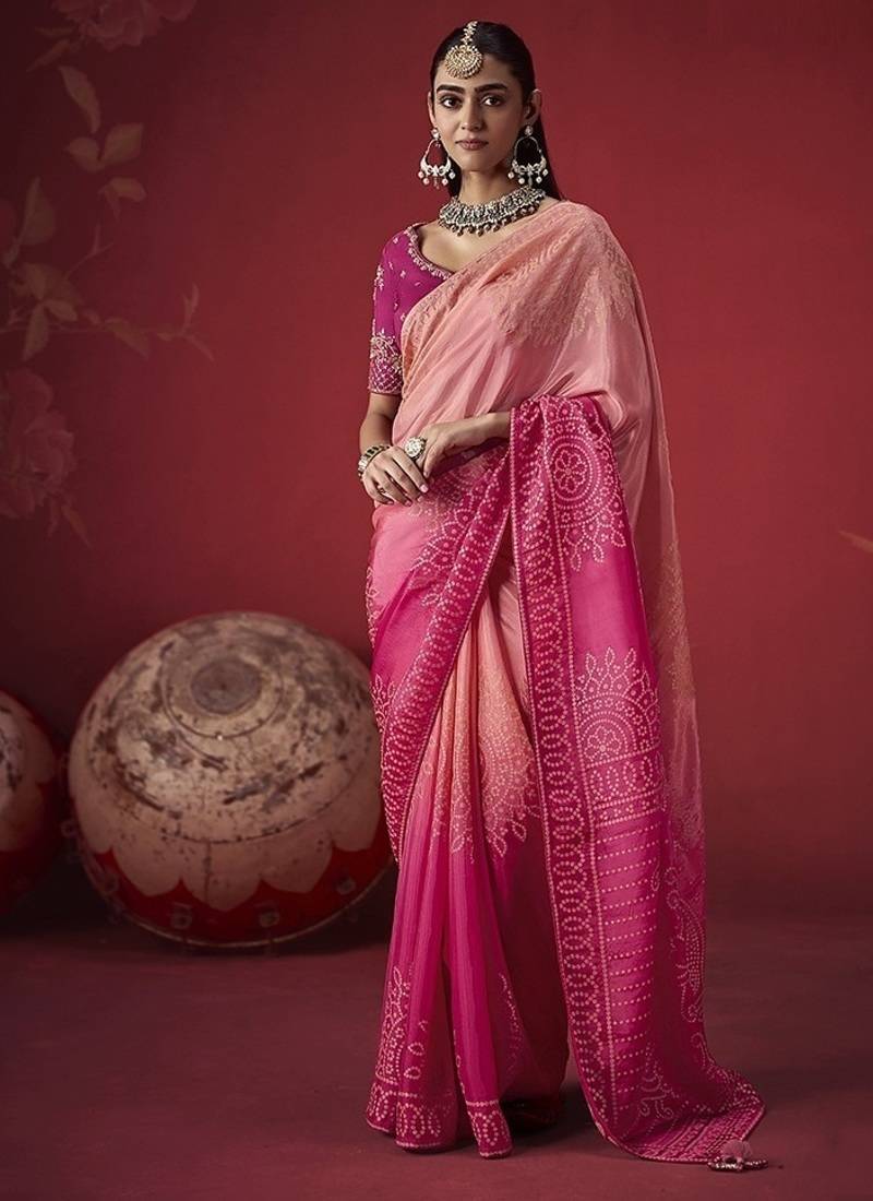 shaded baby pink dola silk blend with zari weaving party wear saree