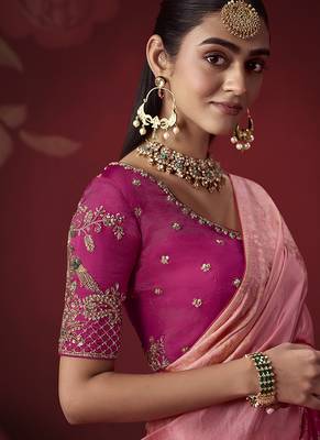 shaded baby pink dola silk blend with zari weaving party wear saree 3