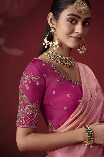 shaded baby pink dola silk blend with zari weaving party wear saree