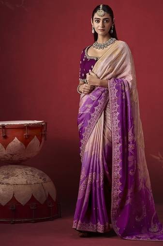 shaded lavender dola silk blend with zari weaving party wear saree