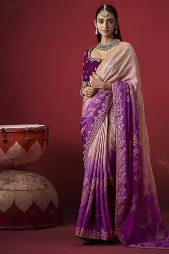 shaded lavender dola silk blend with zari weaving party wear saree