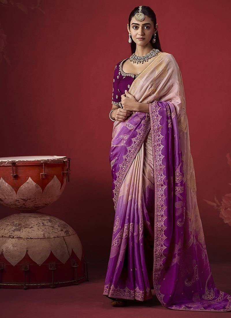 shaded lavender dola silk blend with zari weaving party wear saree