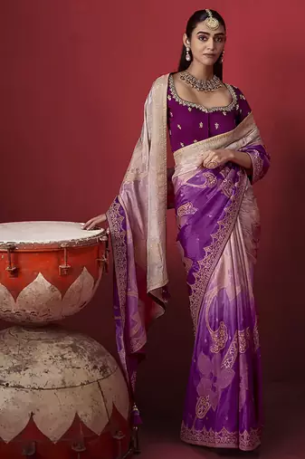 shaded lavender dola silk blend with zari weaving party wear saree