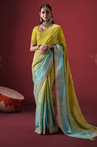 shaded yellow & sky blue dola silk blend with zari weaving party wear saree