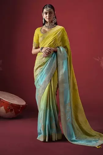 shaded yellow & sky blue dola silk blend with zari weaving party wear saree