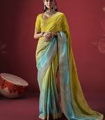 shaded yellow & sky blue dola silk blend with zari weaving party wear saree