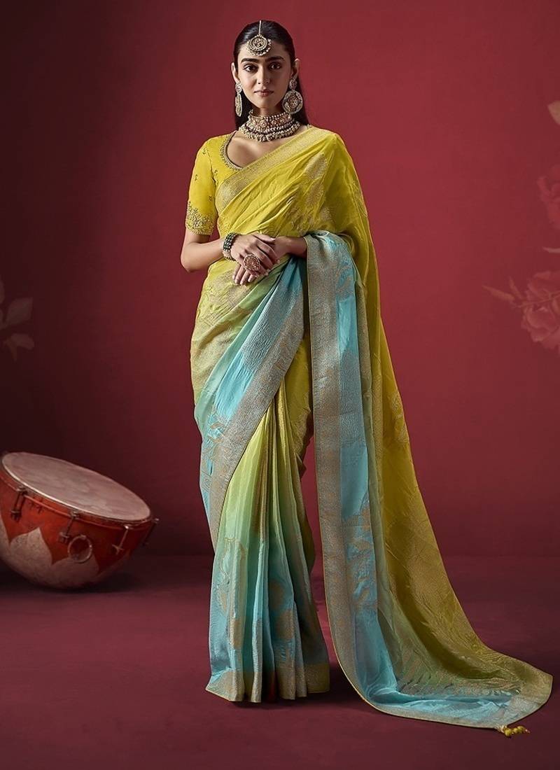 shaded yellow & sky blue dola silk blend with zari weaving party wear saree