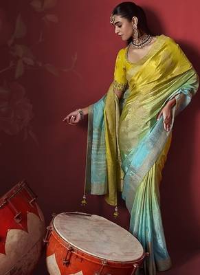 shaded yellow & sky blue dola silk blend with zari weaving party wear saree 2