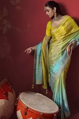 shaded yellow & sky blue dola silk blend with zari weaving party wear saree