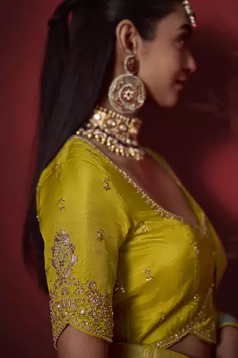 shaded yellow & sky blue dola silk blend with zari weaving party wear saree