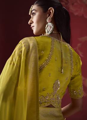 shaded yellow & sky blue dola silk blend with zari weaving party wear saree 4