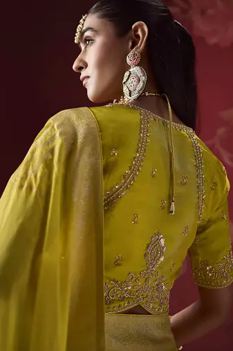 shaded yellow & sky blue dola silk blend with zari weaving party wear saree