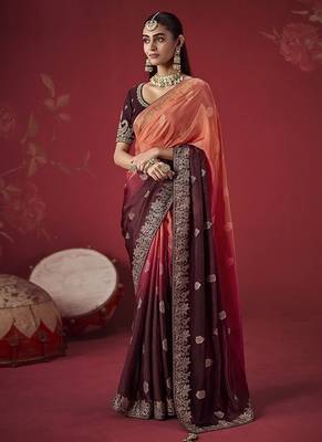 shaded salmon & maroon dola silk blend with zari weaving party wear saree 1