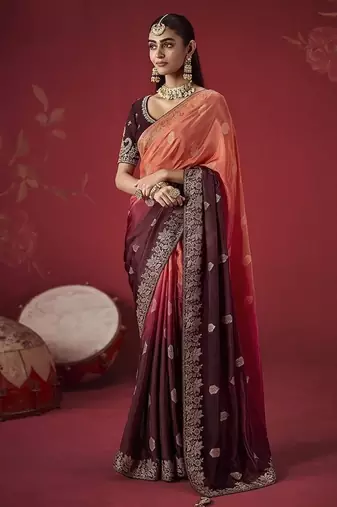 shaded salmon & maroon dola silk blend with zari weaving party wear saree