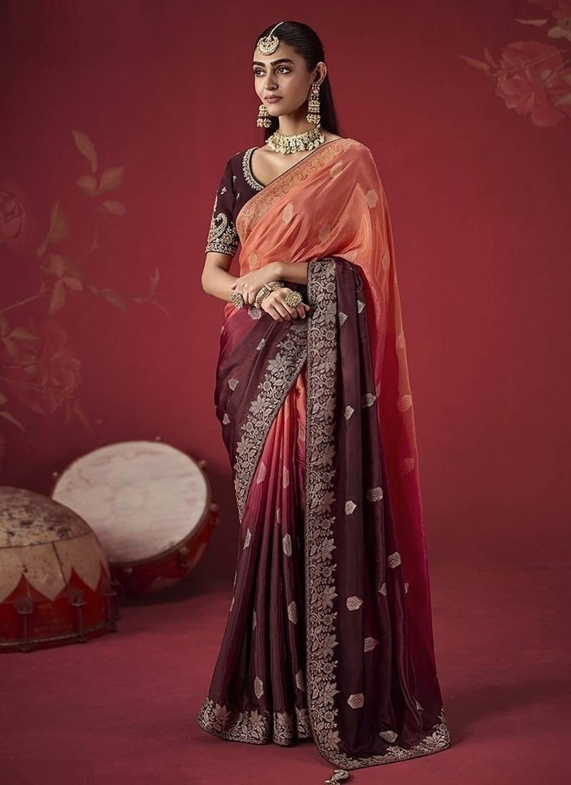 shaded salmon & maroon dola silk blend with zari weaving party wear saree