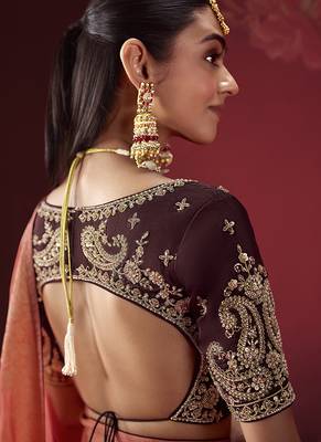 shaded salmon & maroon dola silk blend with zari weaving party wear saree 2