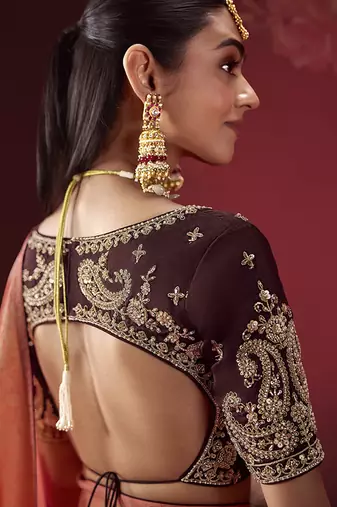 shaded salmon & maroon dola silk blend with zari weaving party wear saree