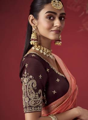 shaded salmon & maroon dola silk blend with zari weaving party wear saree 3