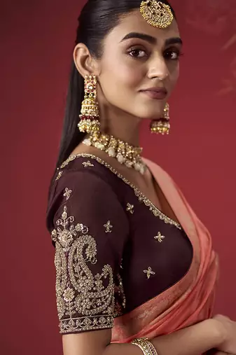 shaded salmon & maroon dola silk blend with zari weaving party wear saree