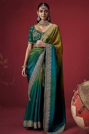 multicolour dola silk blend with zari weaving party wear saree