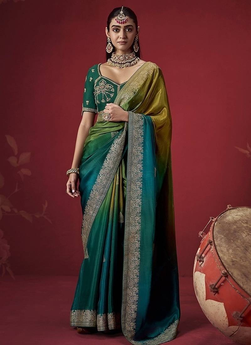 multicolour dola silk blend with zari weaving party wear saree