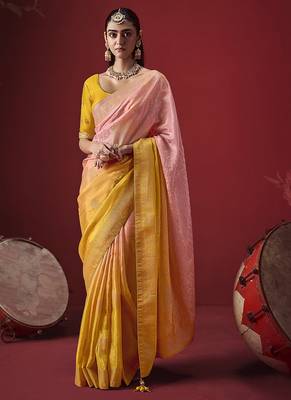 shaded baby pink & mustard dola silk blend with zari weaving party wear saree 1