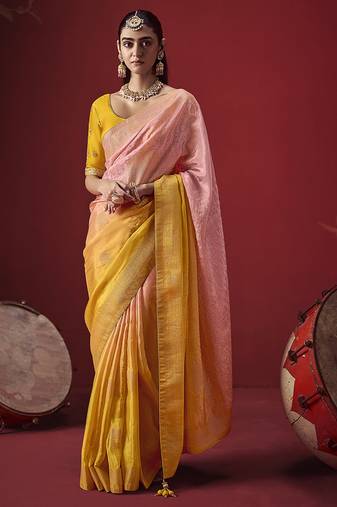 shaded baby pink & mustard dola silk blend with zari weaving party wear saree