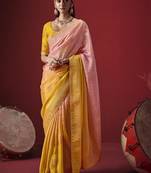 shaded baby pink & mustard dola silk blend with zari weaving party wear saree