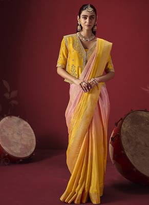 shaded baby pink & mustard dola silk blend with zari weaving party wear saree 2