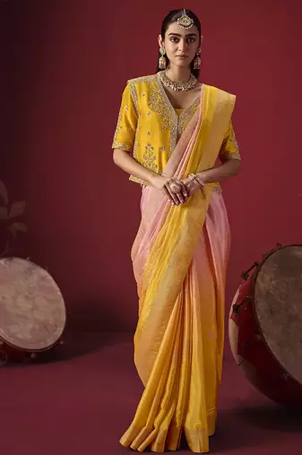 shaded baby pink & mustard dola silk blend with zari weaving party wear saree