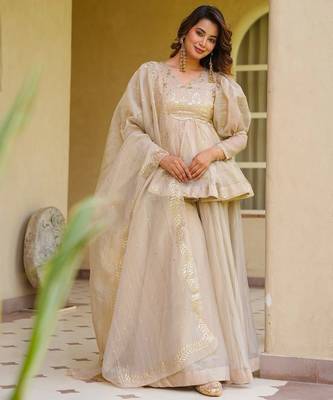 Cream crunchy silkblend foil print kurti palazzo set 1