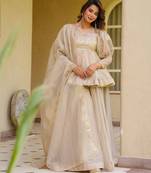 Cream crunchy silkblend foil print kurti palazzo set
