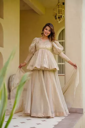 Cream crunchy silkblend foil print kurti palazzo set