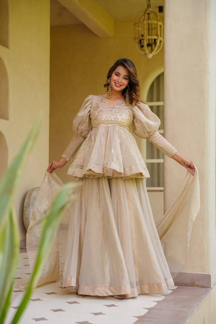 Cream crunchy silkblend foil print kurti palazzo set