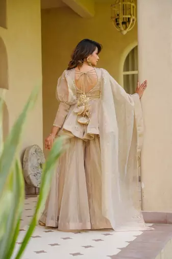 Cream crunchy silkblend foil print kurti palazzo set