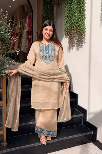 Cream crunchy silk blend embroidered long kurti pant dupatta set