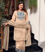 Cream crunchy silk blend embroidered long kurti pant dupatta set