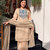 Cream crunchy silk blend embroidered long kurti pant dupatta set