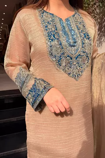 Cream crunchy silk blend embroidered long kurti pant dupatta set