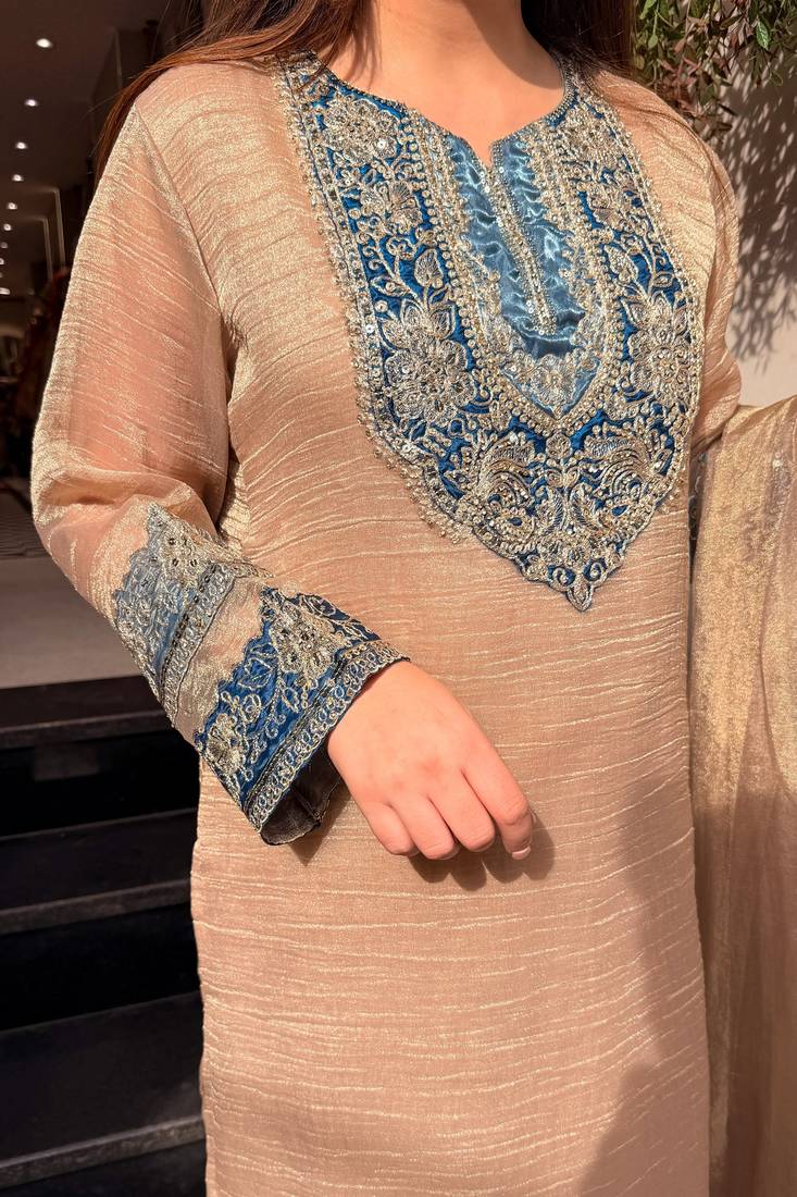 Cream crunchy silk blend embroidered long kurti pant dupatta set