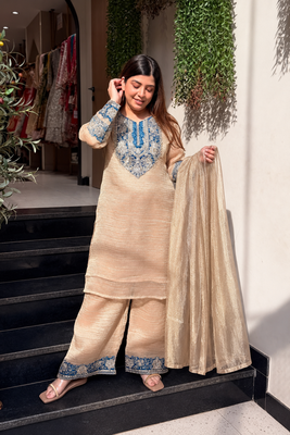 Cream crunchy silk blend embroidered long kurti pant dupatta set 3