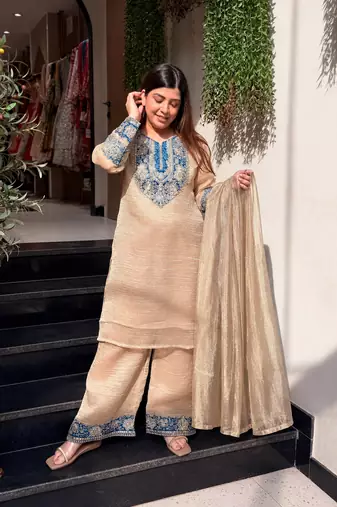 Cream crunchy silk blend embroidered long kurti pant dupatta set