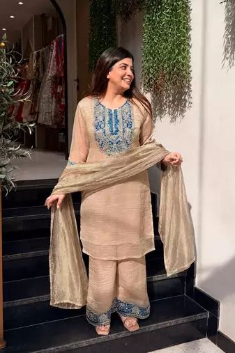 Cream crunchy silk blend embroidered long kurti pant dupatta set