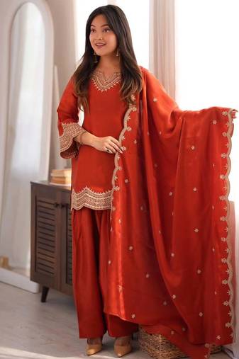 Orange fendy silk blend embroidered kurti pant dupatta set