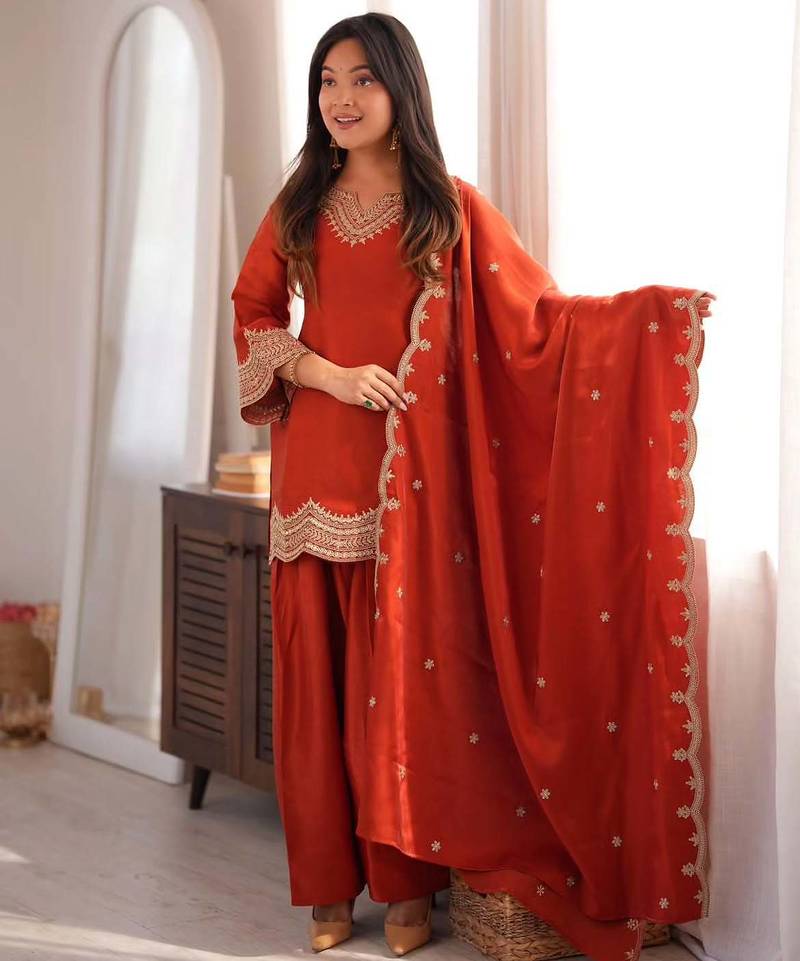 Orange fendy silk blend embroidered kurti pant dupatta set