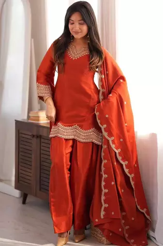 Orange fendy silk blend embroidered kurti pant dupatta set