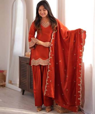 Orange fendy silk blend embroidered kurti pant dupatta set 3