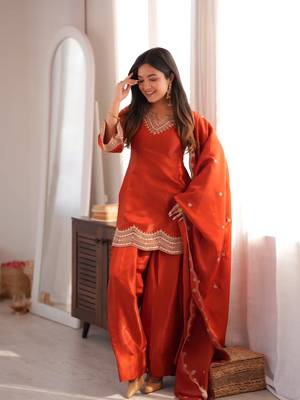 Orange fendy silk blend embroidered kurti pant dupatta set 4