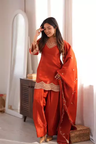 Orange fendy silk blend embroidered kurti pant dupatta set